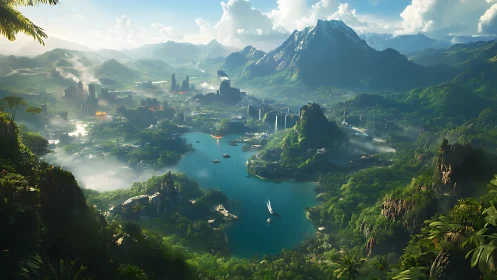 Futuristic jungle metropolis shimmers around a hidden blue bay