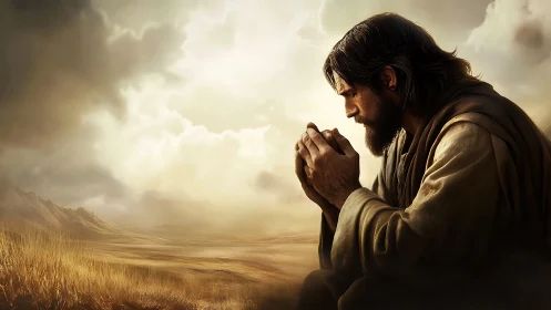 Man praying alone in vast golden desert landscape at dawn.