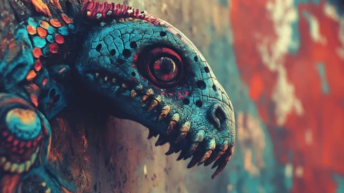 Vivid dinosaur relief emerges from a weathered urban wall