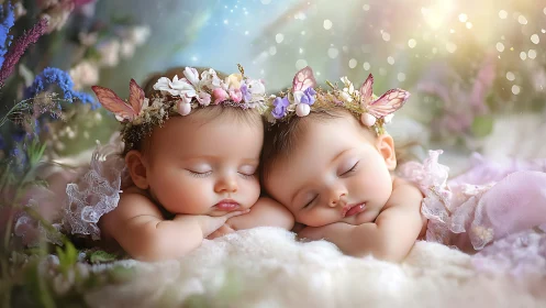 Photorealistic infant portrait in ethereal floral fantasy setting.