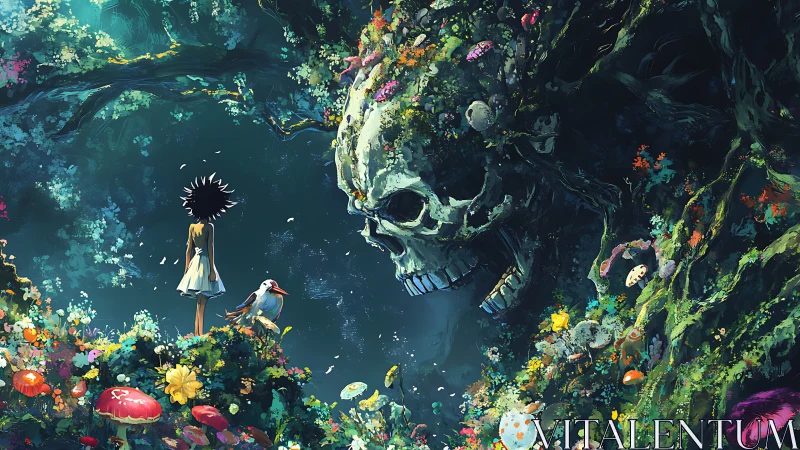 Girl confronts colossal skull in luminous enchanted forest.