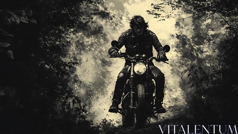 Motorcyclist riding through dense forest path in monochrome.