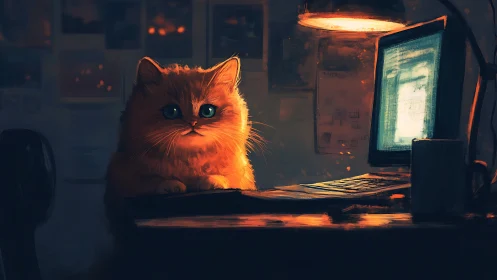Orange Cat at Night Computer Desk Work