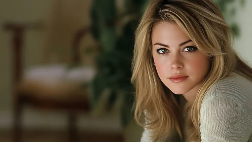 Soft-focus portrait of blonde woman in warm interior light