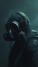 Gas-masked operative emerges in teal-tinted atmospheric haze