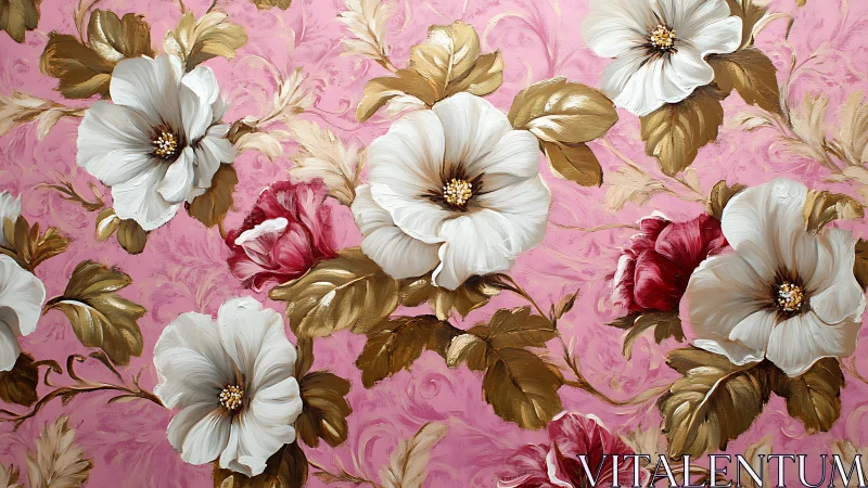 Painted white florals over baroque pink botanical ground.
