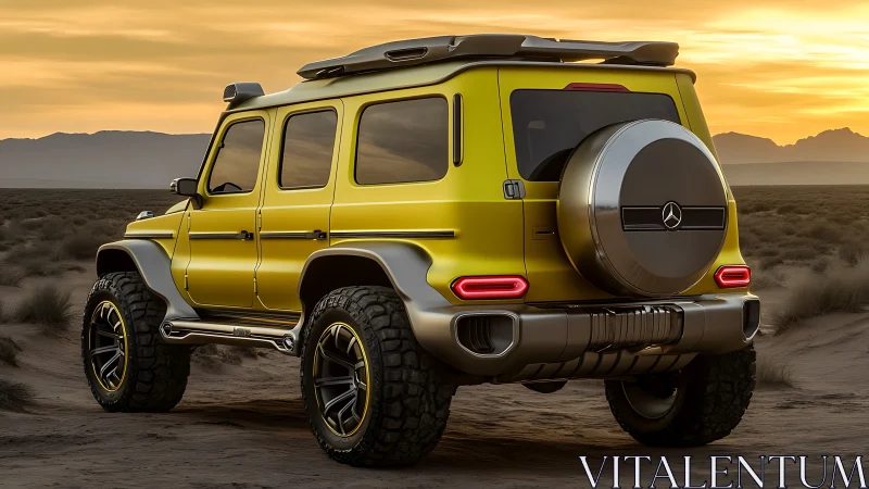 Yellow off-road SUV concept in desert at sunset. Period.