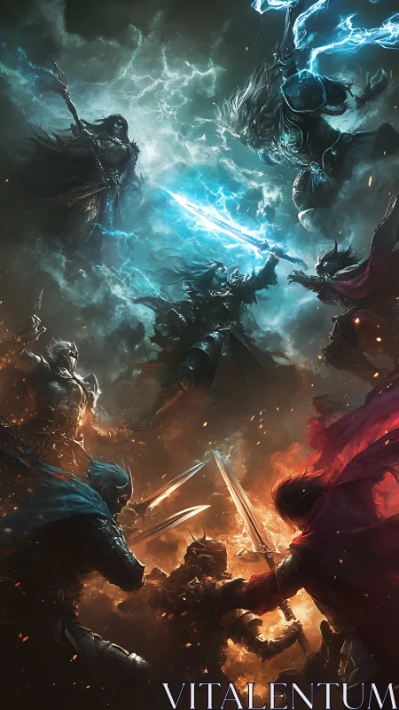 Clashing fantasy warriors split by blue lightning and fire.