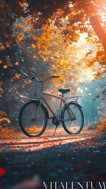 Bicycle positioned beneath autumn canopy with golden foliage and ethereal light.