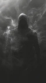 Hooded shadow figure emerges from swirling monochrome fog.