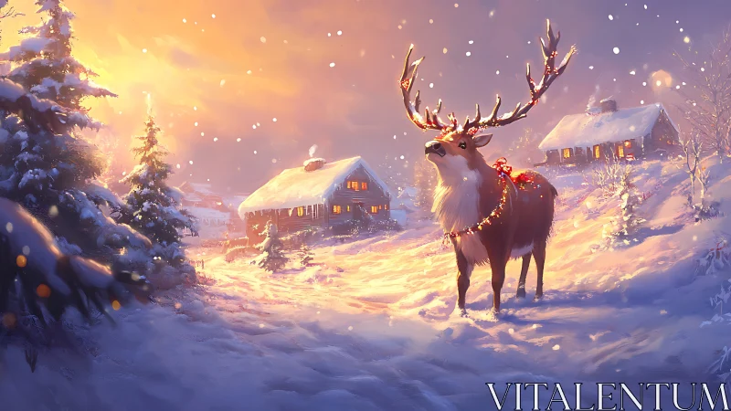 Winter sunrise reindeer scene in luminous digital painting.