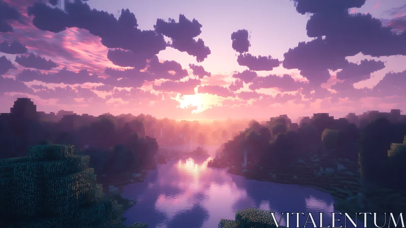 Voxel forest river at dawn rendered with cinematic volumetric light