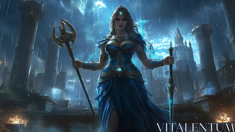 Armored sorceress holds staff and sword before stormed citadel