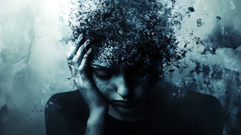 Shattered mind dissolves into icy blue emotional abstraction
