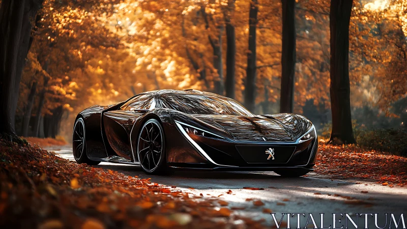 Sleek black sports car gliding through a golden autumn road.