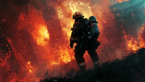 Firefighter in urban fire rescue operation amid intense combustion.