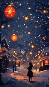 Snowy night stroll beneath glowing holiday lanterns.