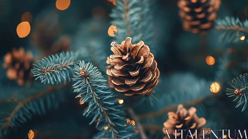 Frosted pinecone close-up amid teal needles and bokeh glow.