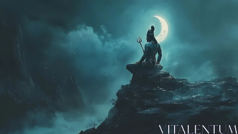 Moonlit ascetic figure in meditative mountain stillness.