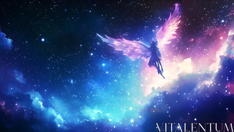 Celestial winged figure rises gently through radiant starlight