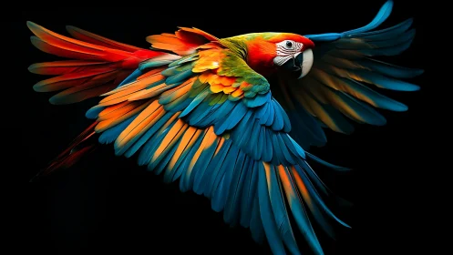 Vivid Scarlet Macaw in Flight Against Black Background, Realistic Art.