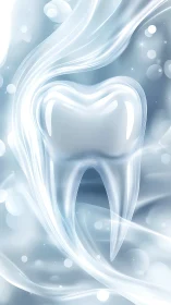 Glowing stylized tooth in clean abstract white waves.