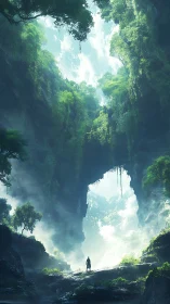 Vertical canyon portal with backlit mist and lone human figure