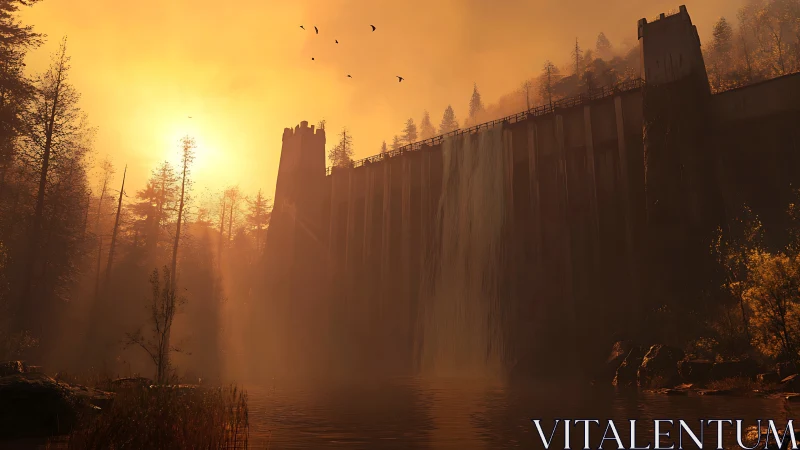 Concrete dam with waterfall backlit by intense orange sunset