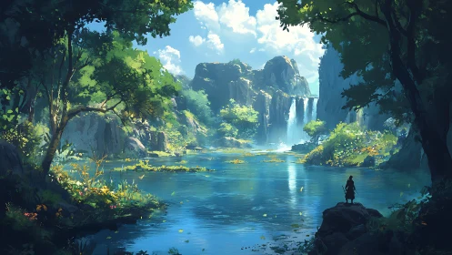 Solitary figure by river beneath cliffs and distant waterfall.