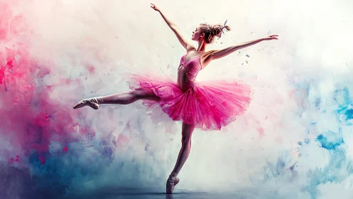 Dynamic ballet dancer in pink tutu amid abstract color cloud