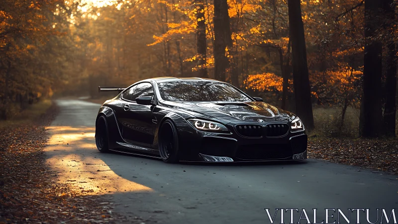 Midnight-black sports coupe on sunlit autumn forest road.