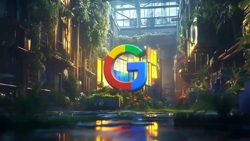 Large colored G logo stands in overgrown industrial courtyard
