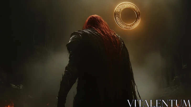 Armored figure faces glowing runic ring in dark chamber