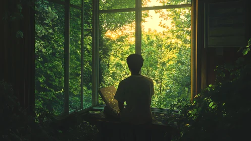 Person with laptop sits at window overlooking dense forest