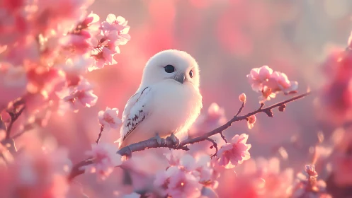 Cute white owl perched on cherry blossom branch, dreamy pastel style.