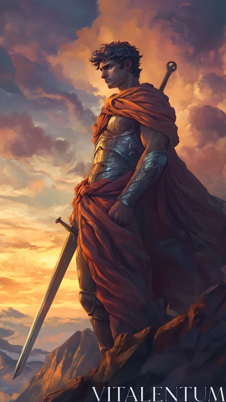 Armored sentinel on cliff edge under luminant storm sky.