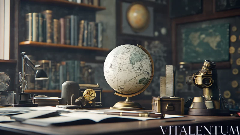 Vintage globe stands centered on researcher’s cluttered desk