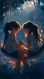 Sunlit forest swing with two girls sharing quiet bond.