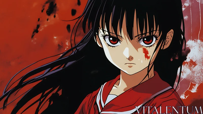 Bloodstained anime girl against intense red abstract sky.