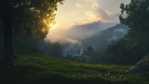Sunlit mountain valley glows through mist and deep trees.