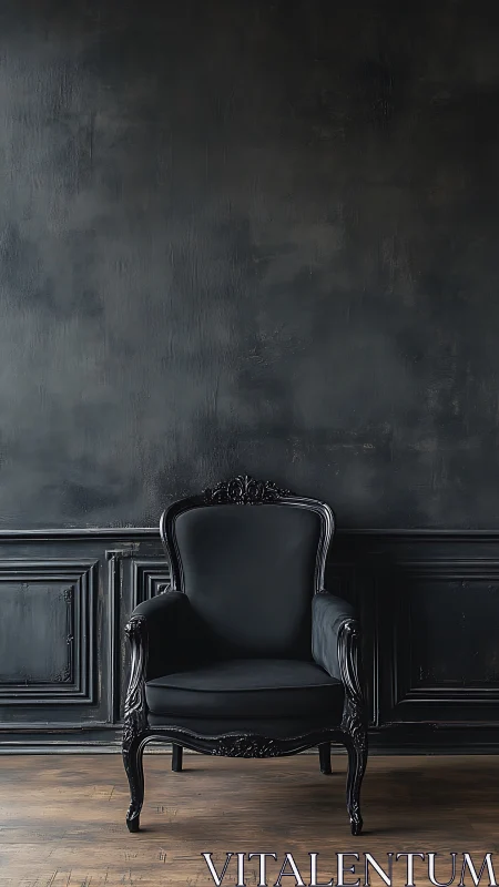 Ornate black armchair anchors a moody dark interior scene