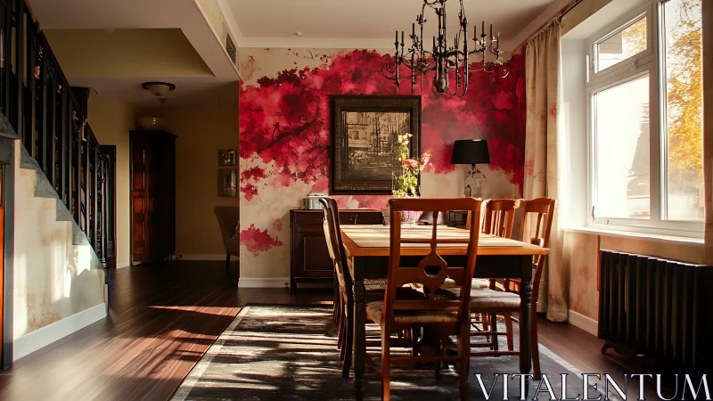 Warm dining room hosts wooden table beneath ornate chandelier