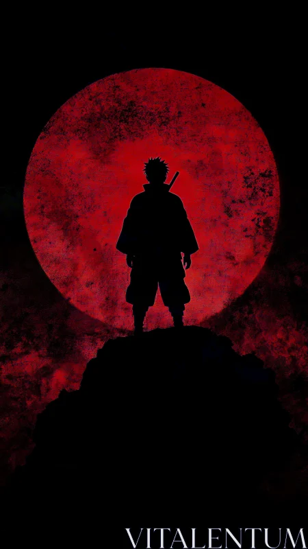 Lone warrior silhouette stands before a blood red moon