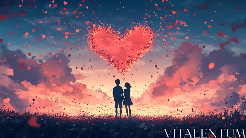 Two silhouettes beneath glowing heart-shaped particle formation at sunset.