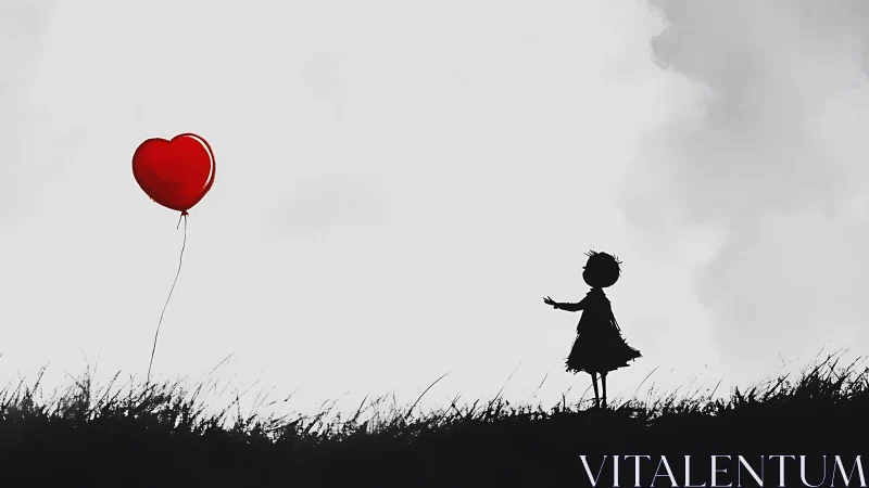 Silhouetted Girl Chasing Her Crimson Heart Balloon Dreams.