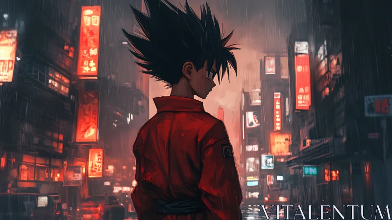 Neon storm drifter in scarlet coat haunts rainy city night.