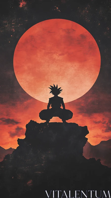 Silhouette of spiky haired figure under vast red moon.