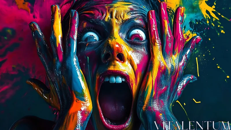 Chromatic scream erupts through neon-splashed painted terror.