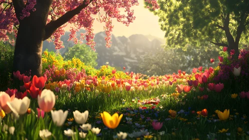 Spring Garden Valley with Blooming Tulips and Flowering Trees.