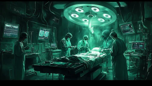 Alien observer haunts a neon-lit surgical operation scene.